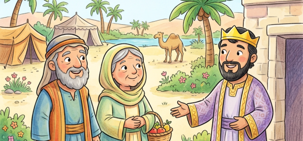 Crowned ruler welcoming two travelers beside a desert palace and camel