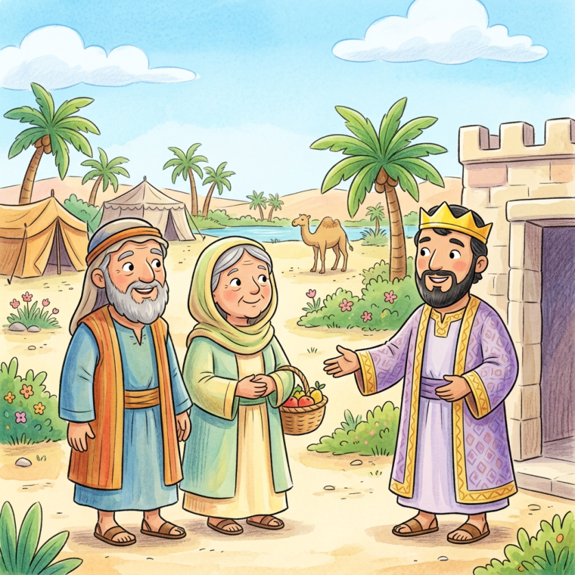 Crowned ruler welcoming two travelers beside a desert palace and camel