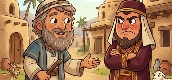 Two robed men debate in a desert village with goats nearby