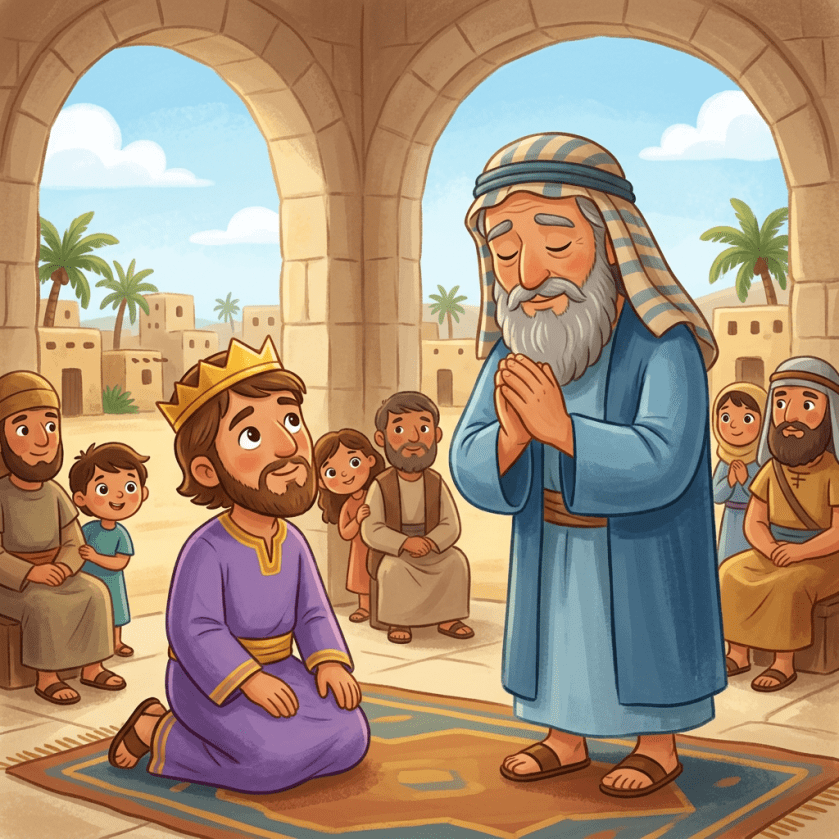 Kneeling crowned man listens to an elderly man praying among townspeople