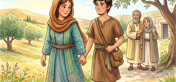 A mother and child walking through a flower-filled village while two elders watch nearby