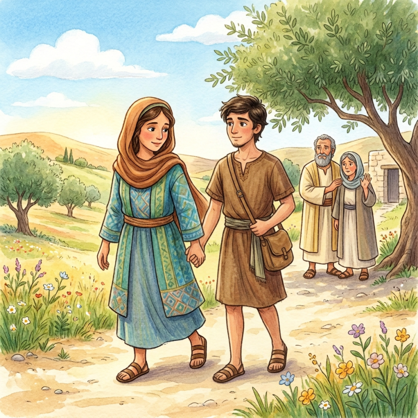 A mother and child walking through a flower-filled village while two elders watch nearby
