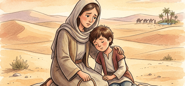 Mother comforting a tired child on a blanket in the desert