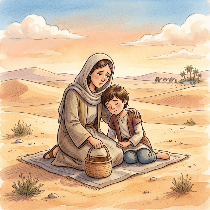 Mother comforting a tired child on a blanket in the desert