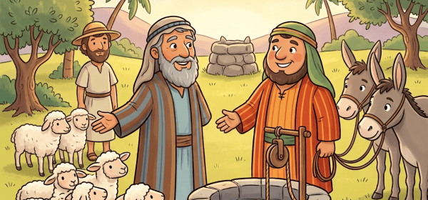 Two men shake hands beside a well labeled “BEERSHEBA – THE WELL OF THE OATH.”