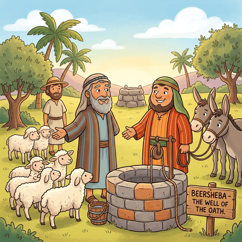 Two men shake hands beside a well labeled “BEERSHEBA – THE WELL OF THE OATH.”