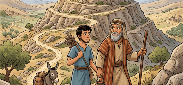 A bearded traveler and child walk beside a donkey on a mountain path.