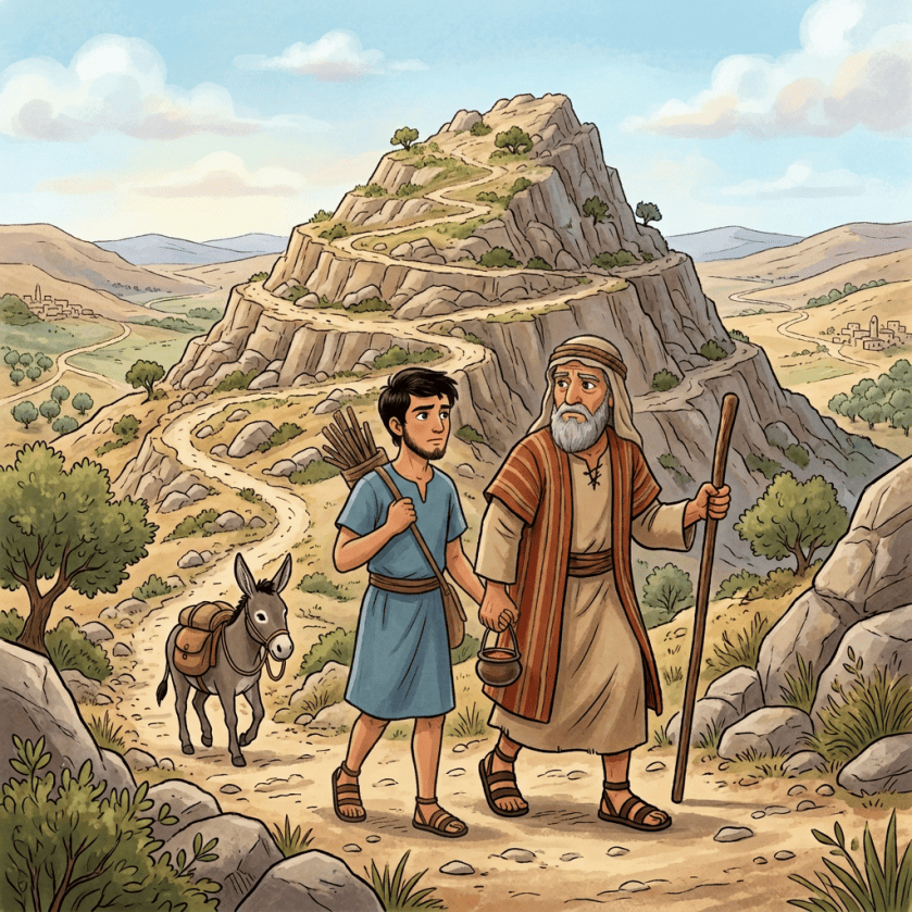 A bearded traveler and child walk beside a donkey on a mountain path.