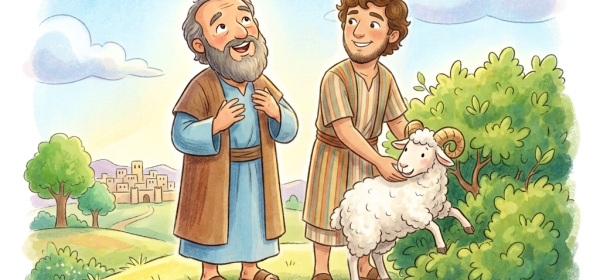Elder and child standing beside a sheep in a sunny countryside
