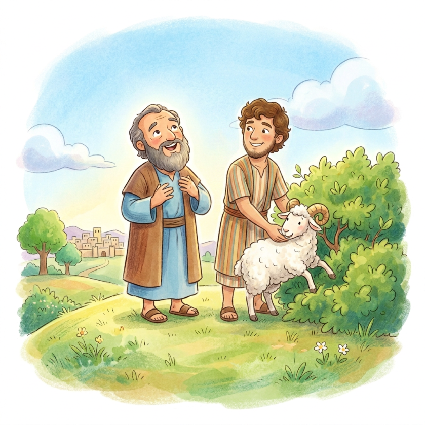 Elder and child standing beside a sheep in a sunny countryside