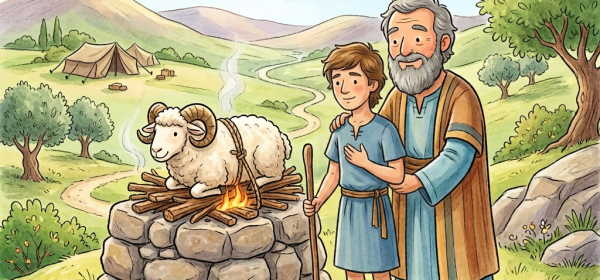 Bearded shepherd and child standing beside a ram on a stone altar