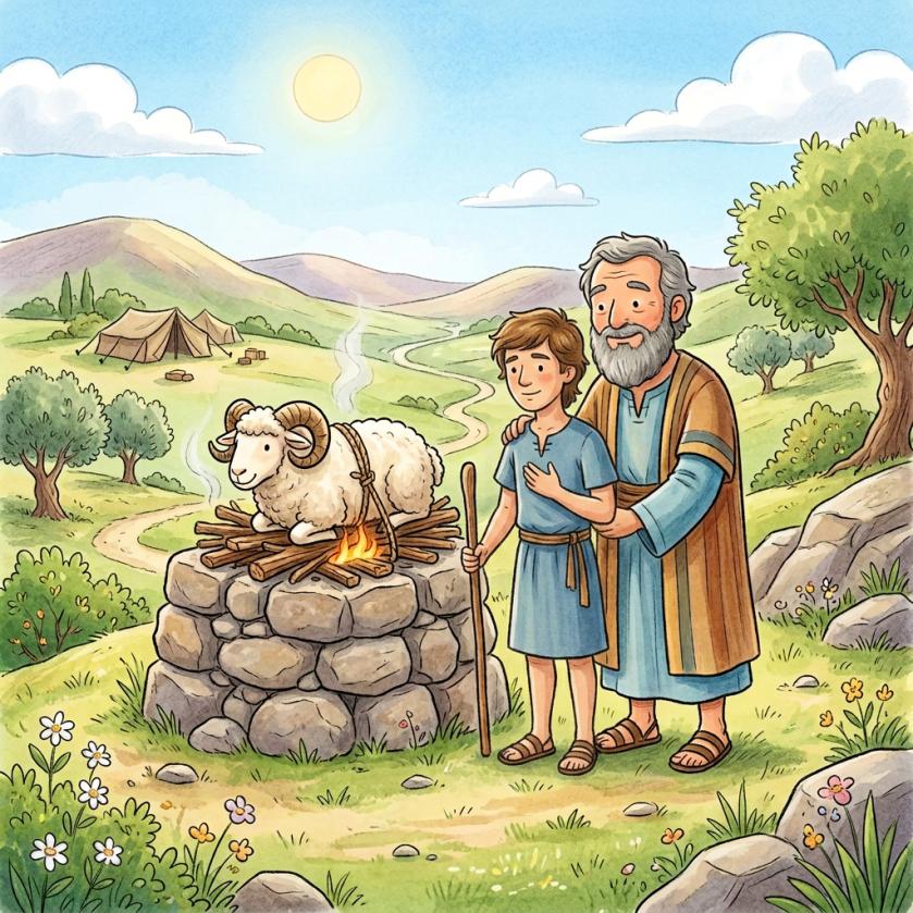 Bearded shepherd and child standing beside a ram on a stone altar