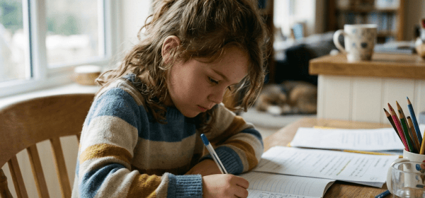 Child writing homework at a kitchen table with pencils and papers