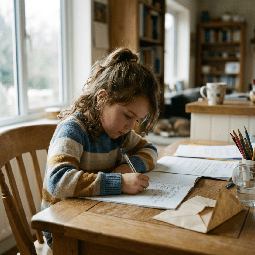 Child writing homework at a kitchen table with pencils and papers