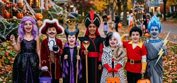Seven children in colorful Halloween costumes holding pumpkin buckets on a decorated autumn street