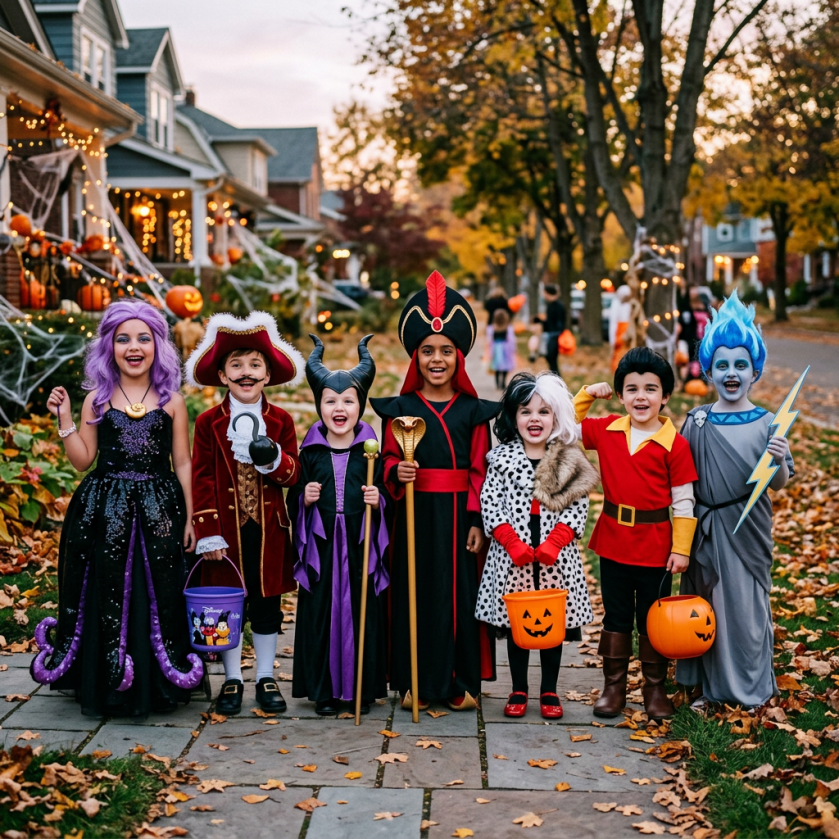 Seven children in colorful Halloween costumes holding pumpkin buckets on a decorated autumn street