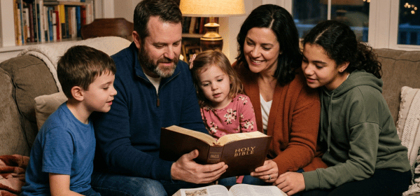 Family gathered on a couch reading a Holy Bible together