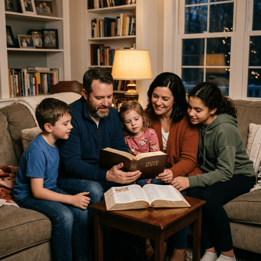 Family gathered on a couch reading a Holy Bible together