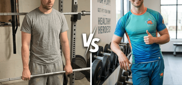 BEFORE: woman holding barbell; AFTER: smiling woman in athletic wear; Vs.