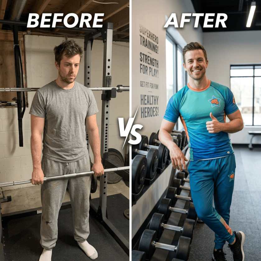BEFORE: woman holding barbell; AFTER: smiling woman in athletic wear; Vs.