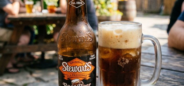 Stewart’s Old Fashioned Root Beer bottle beside a foamy mug outdoors