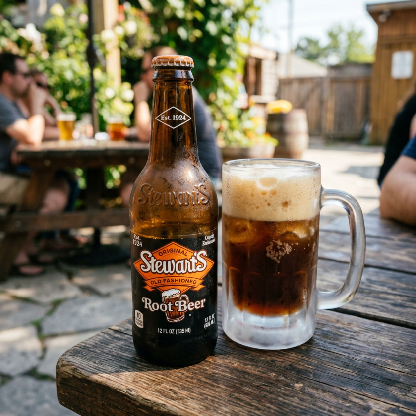 Stewart’s Old Fashioned Root Beer bottle beside a foamy mug outdoors