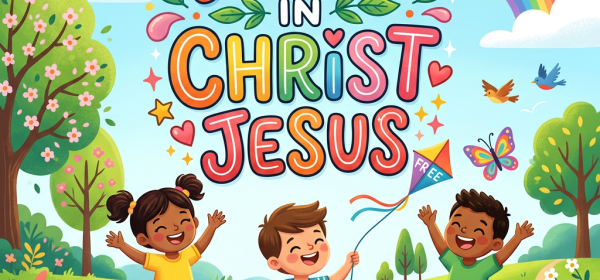Text reading “FREES IN CHRIST JESUS” above three joyful children in a meadow