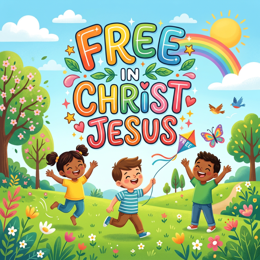 Text reading “FREES IN CHRIST JESUS” above three joyful children in a meadow