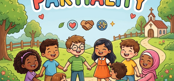 Poster reading “NO PARTY,” “BASED ON GALATIANS 2,” “ALL ARE WELCOME,” and “LOVING EVERYONE EQUALLY,” with children labeled Sarah, Mateo, Ben, Priya, Liam, and Aaliyah.