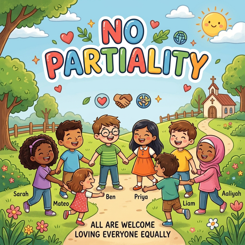 Poster reading “NO PARTY,” “BASED ON GALATIANS 2,” “ALL ARE WELCOME,” and “LOVING EVERYONE EQUALLY,” with children labeled Sarah, Mateo, Ben, Priya, Liam, and Aaliyah.