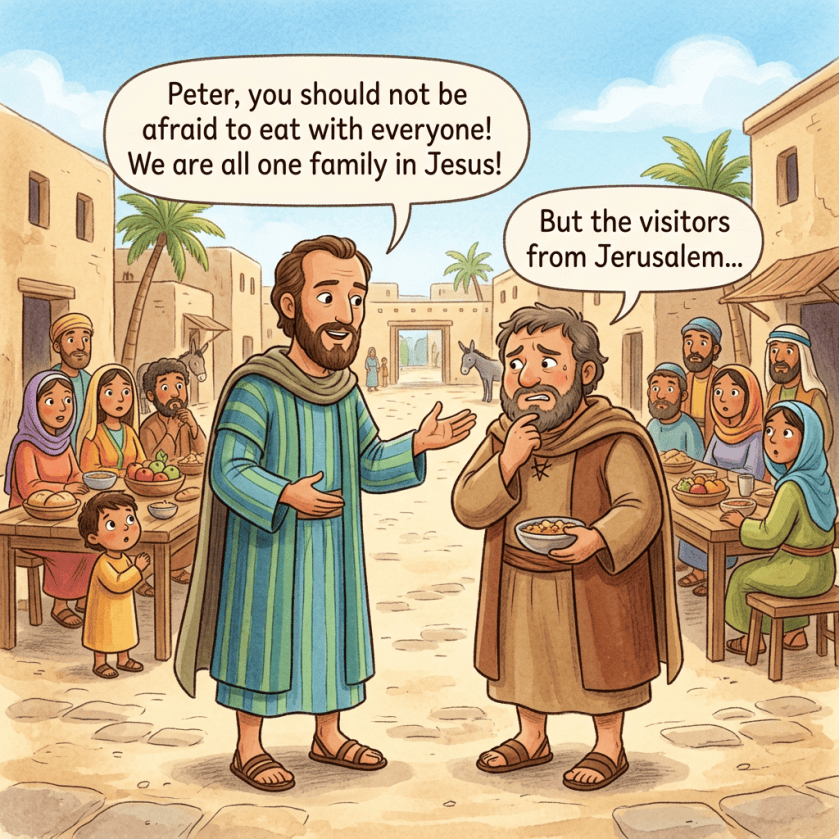 Peter, you should not be afraid to eat with everyone! We are all one family in Jesus! But the visitors from Jerusalem...