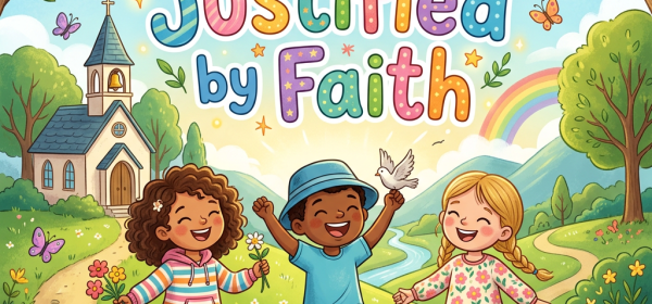 Three children celebrating beneath text reading “Justified by Faith”