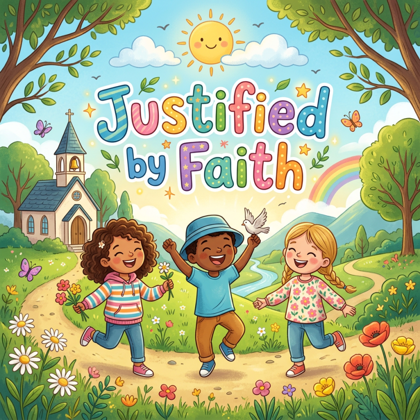 Three children celebrating beneath text reading “Justified by Faith”