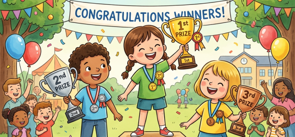 Children holding 1st, 2nd, and 3rd prize trophies beneath “CONGRATULATIONS WINNERS!”