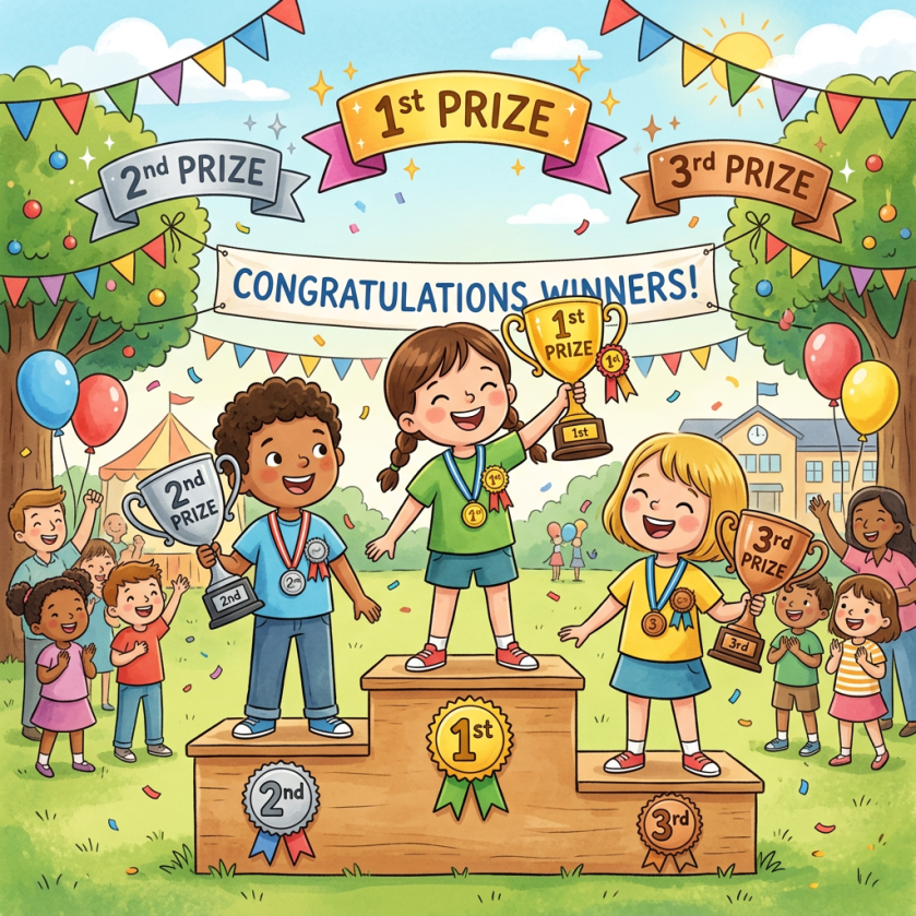 Children holding 1st, 2nd, and 3rd prize trophies beneath “CONGRATULATIONS WINNERS!”
