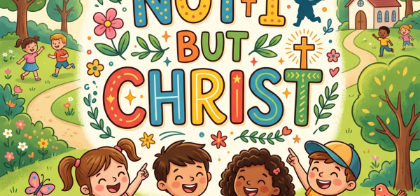 Children holding hands beneath the text “NOT I BUT CHRIST” in a garden