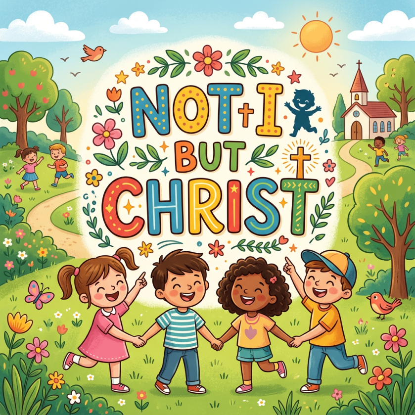 Children holding hands beneath the text “NOT I BUT CHRIST” in a garden