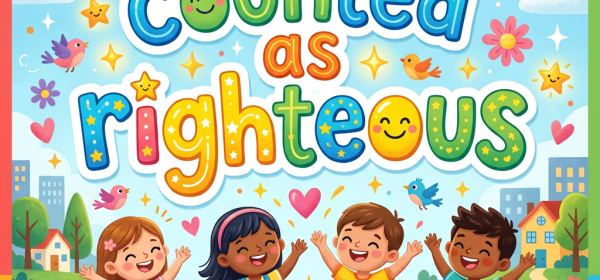 Children beneath a rainbow with text reading “Count as righteous”
