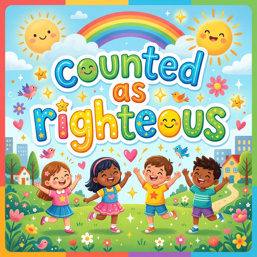 Children beneath a rainbow with text reading “Count as righteous”
