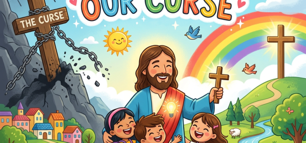 Illustration reading “JESUS TOOK OUR CURSE” with Jesus, children, crosses, and rainbow
