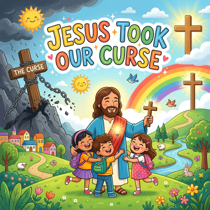 Illustration reading “JESUS TOOK OUR CURSE” with Jesus, children, crosses, and rainbow
