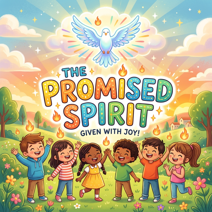 Children celebrate beneath a dove and text: THE PROMISED SPIRIT GIVEN WITH JOY!