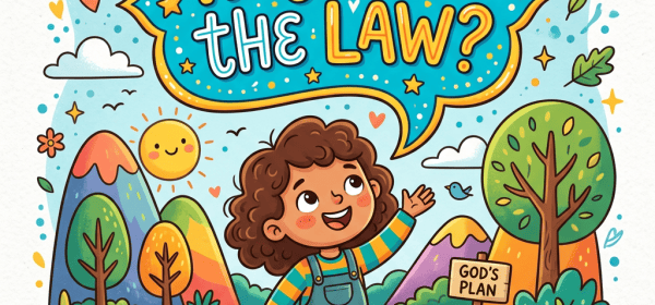 Cartoon child beneath “WHY THEN THE LAW?” sign beside a “GOD’S PLAN” marker