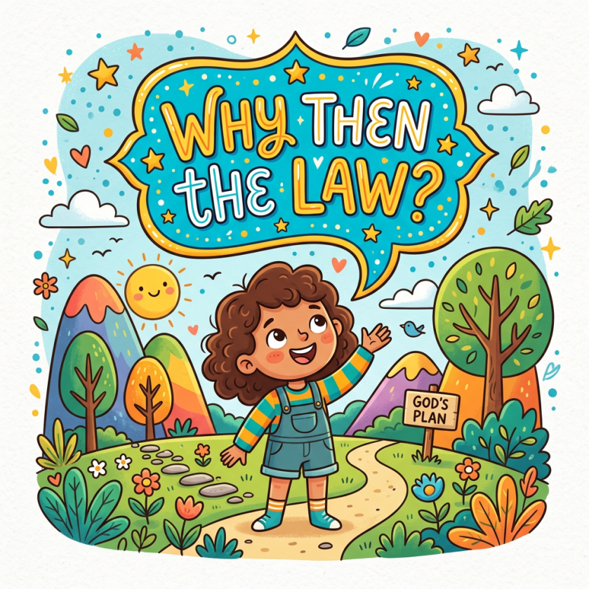 Cartoon child beneath “WHY THEN THE LAW?” sign beside a “GOD’S PLAN” marker