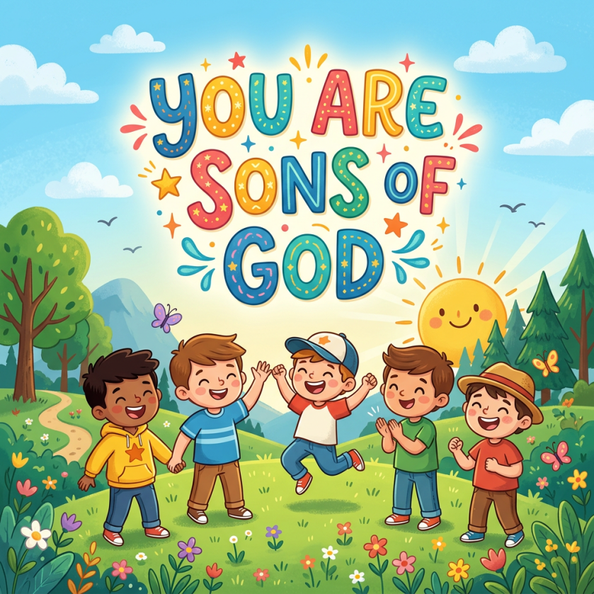Five children celebrating in a flower-filled meadow beneath colorful text reading “YOU ARE SOMEONE’S GOD”