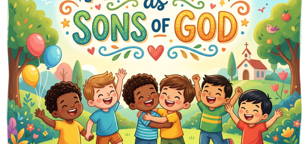 Illustration reading “ADOPTED AS SONS OF GOD,” with six joyful children and “By God’s Love & Grace; We belong to Him!”