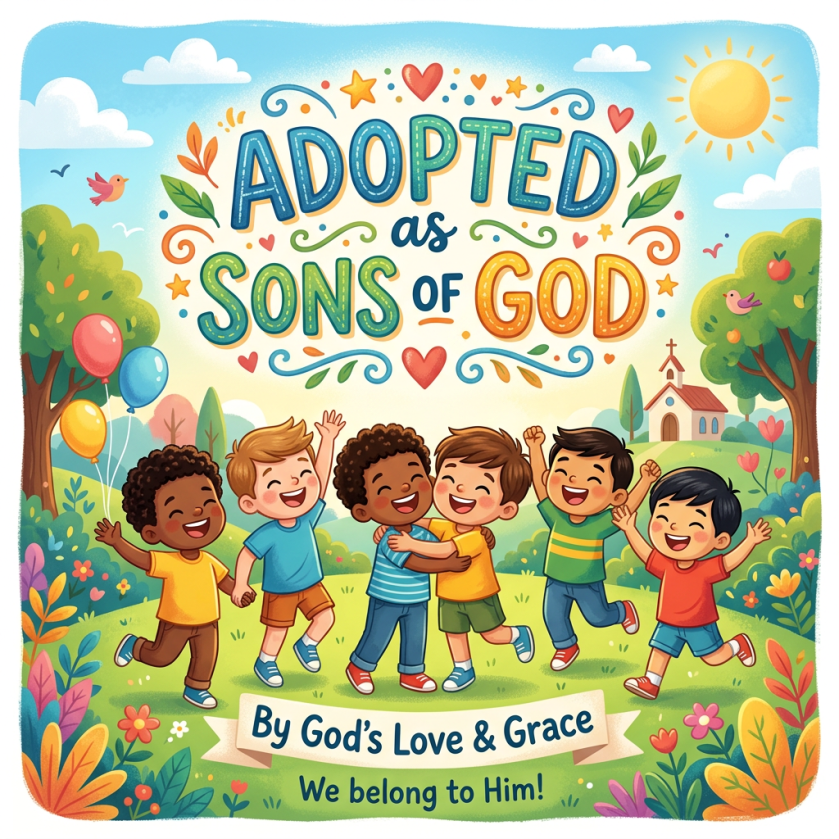 Illustration reading “ADOPTED AS SONS OF GOD,” with six joyful children and “By God’s Love & Grace; We belong to Him!”