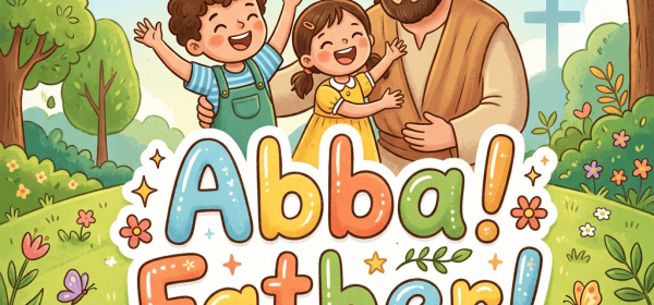 Illustration reading “Abba! Father!” with Jesus embracing two joyful children in a garden