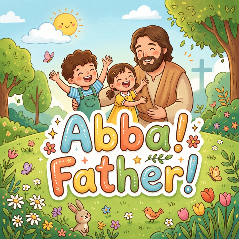 Illustration reading “Abba! Father!” with Jesus embracing two joyful children in a garden
